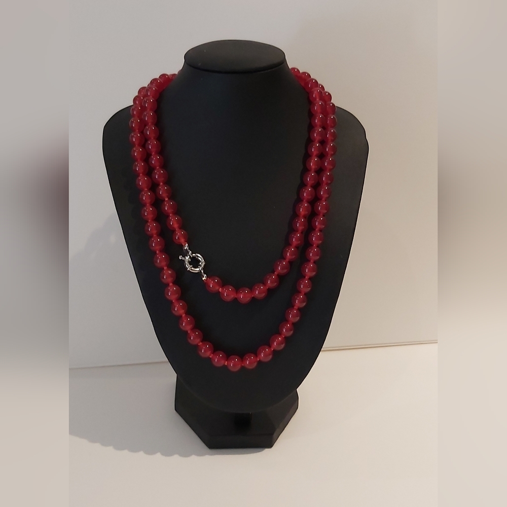 Real Genuine Red Jade 8mm Bead Necklace 34" Long
